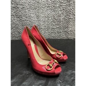 Gucci Hot Pink Patent Leather Jolene‎ Peep Toe Pumps Size 37.5